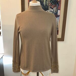 Chico’s Sweater-Beaded Sleeve Tan Turtleneck  Size 1P= Medium Petite NWT